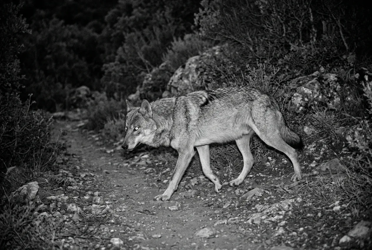 Fotograma infrarrojo en blanco y negro de una cámara de fauna mostrando a un lobo ibérico cruzando un sendero de noche, con los ojos brillantes por el tapetum lucidum