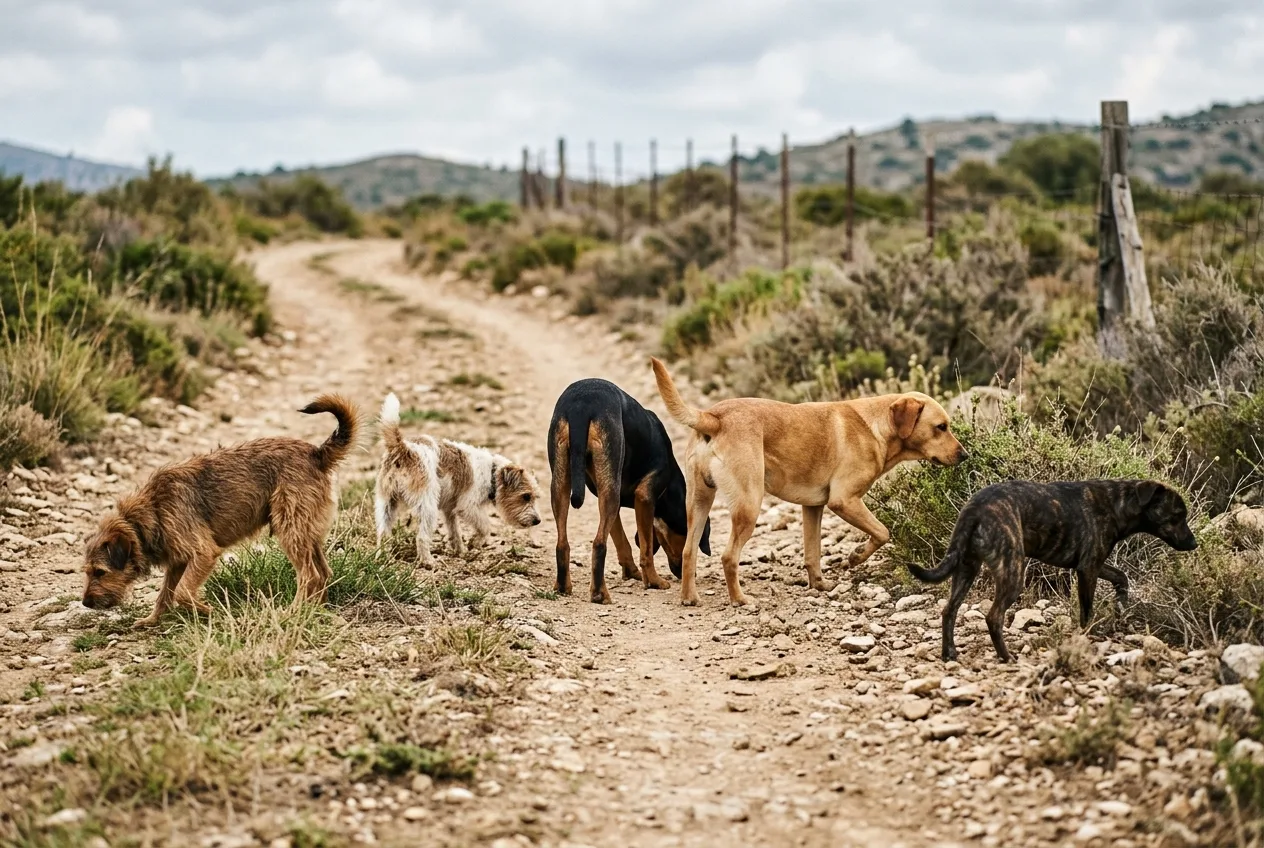 Un grupo desordenado de varios perros de tamaños y colores dispares olisqueando sin rumbo cerca de una pista de montaña, en contraste con el desplazamiento en fila de una manada de lobos