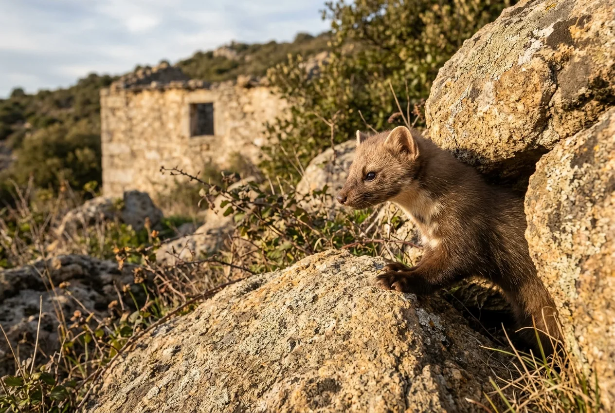 Una garduña asomando entre las rocas de un roquedo cerca de un granero abandonado, su hábitat típico