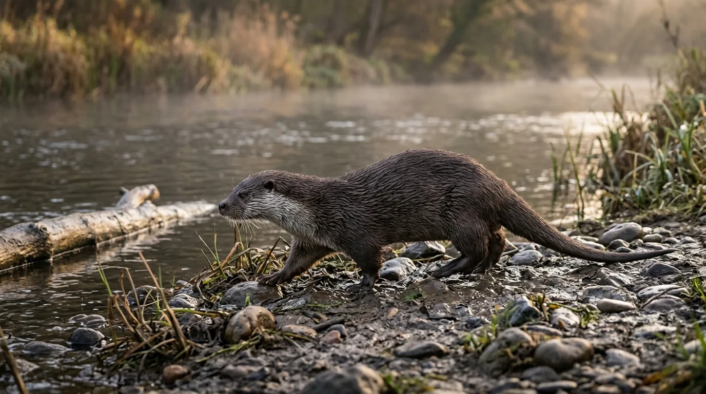 Una nutria de cuerpo alargado y pelaje pardo denso caminando por una orilla de barro y piedras junto al río al amanecer