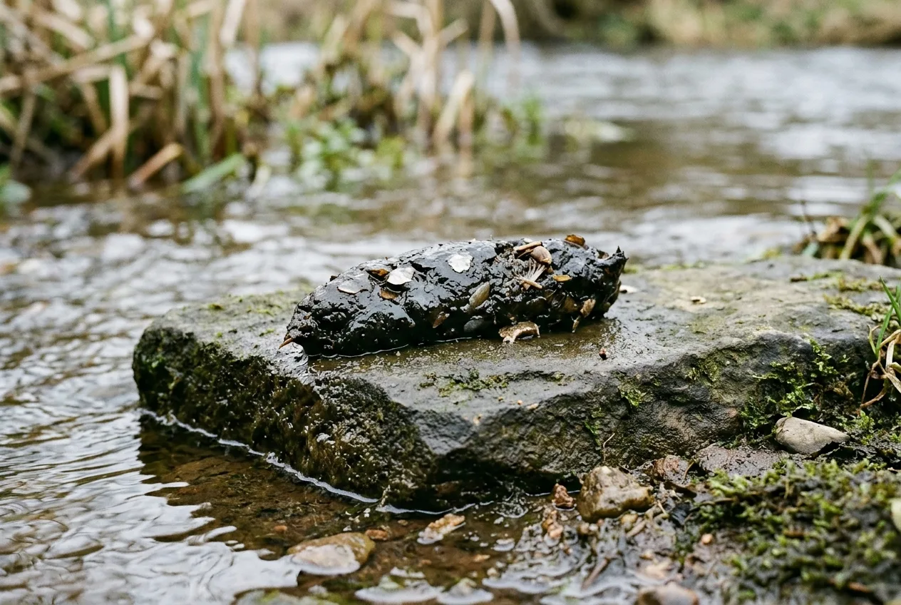 Excremento de nutria negro y grasiento sobre una piedra que sobresale de la orilla, con restos visibles de escamas de pez