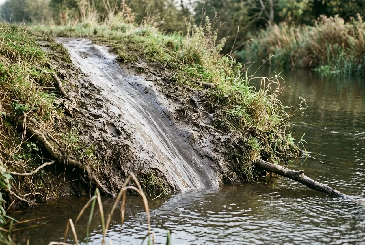 Un tobogán de barro liso y brillante que baja directo desde la orilla hasta el agua, la rampa por la que se desliza la nutria