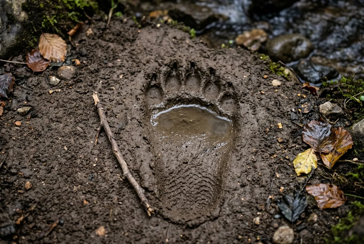 Huella trasera de oso pardo, plantígrada y con cinco dedos y uñas marcadas, impresa en barro fino junto a un pequeño palo para escala