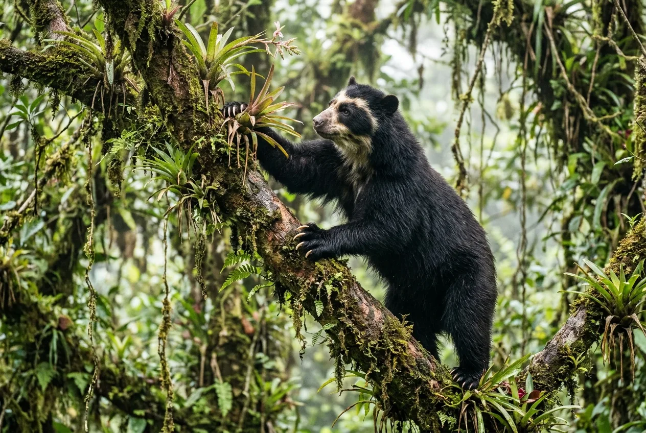 Un oso de anteojos con manchas faciales blancas únicas se alimenta en un árbol del bosque nublado andino
