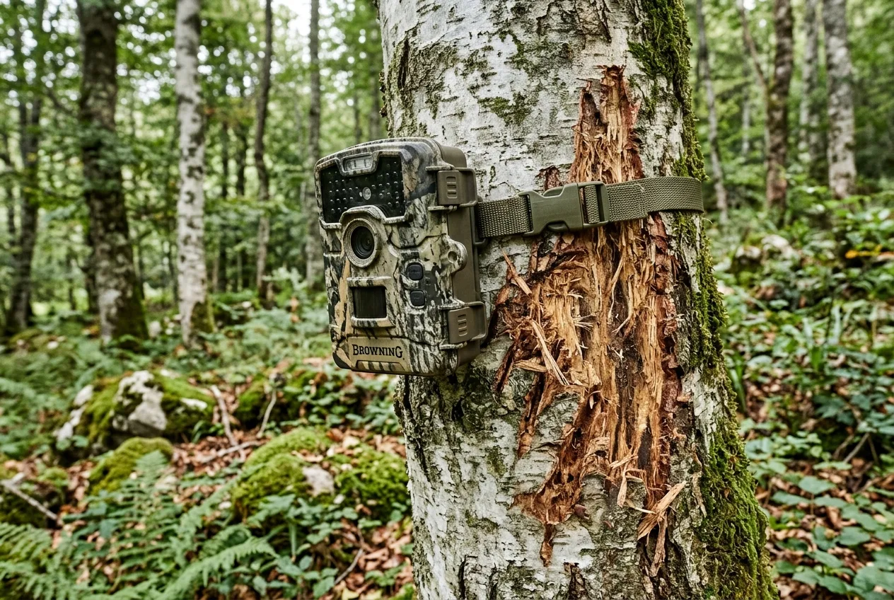 Cámara de fauna sujeta a un árbol de marcaje de oso, enfocando la corteza descortezada a la altura del pecho en un bosque de montaña