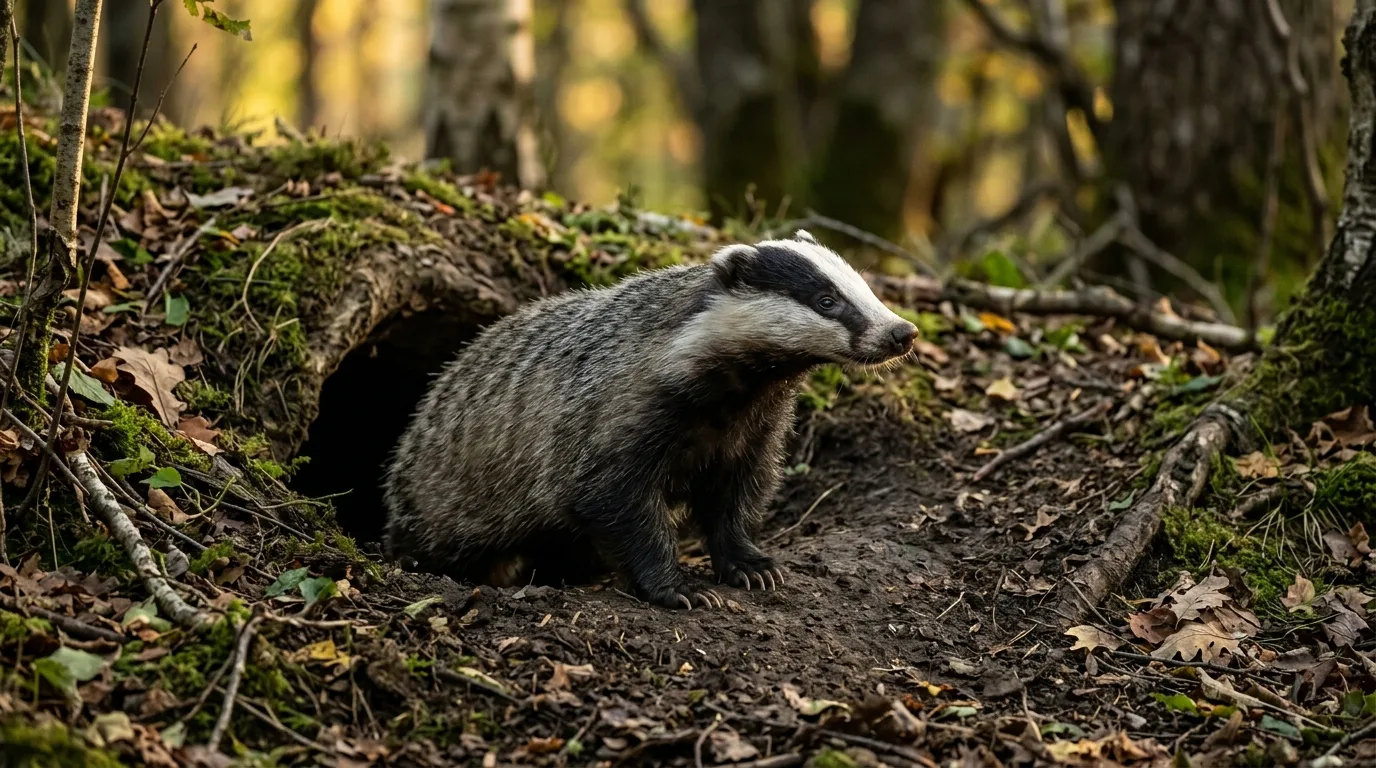 Un tejón europeo con la cabeza blanca de dos franjas negras asoma por la boca de su tejonera al anochecer en un bosque