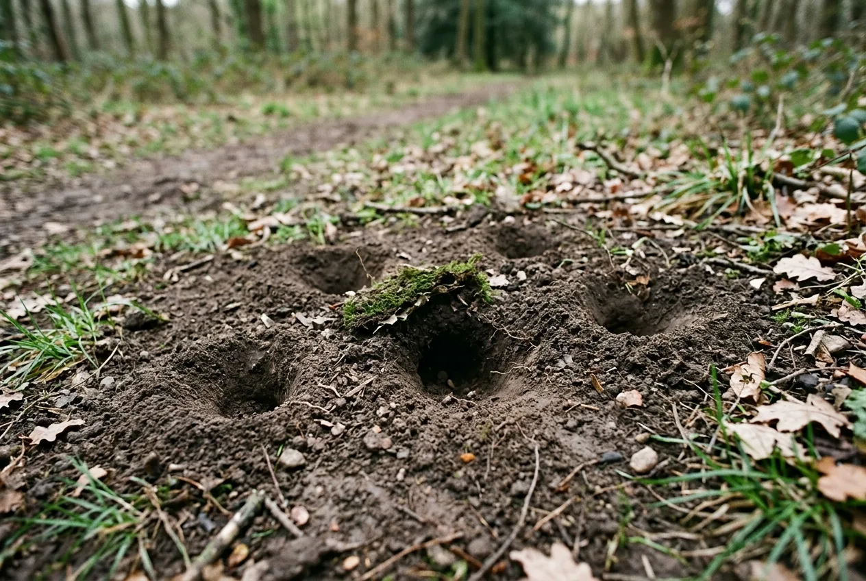 Varios agujeros cónicos de hociqueo de tejón en el suelo del bosque, con la tierra removida a los lados de cada uno