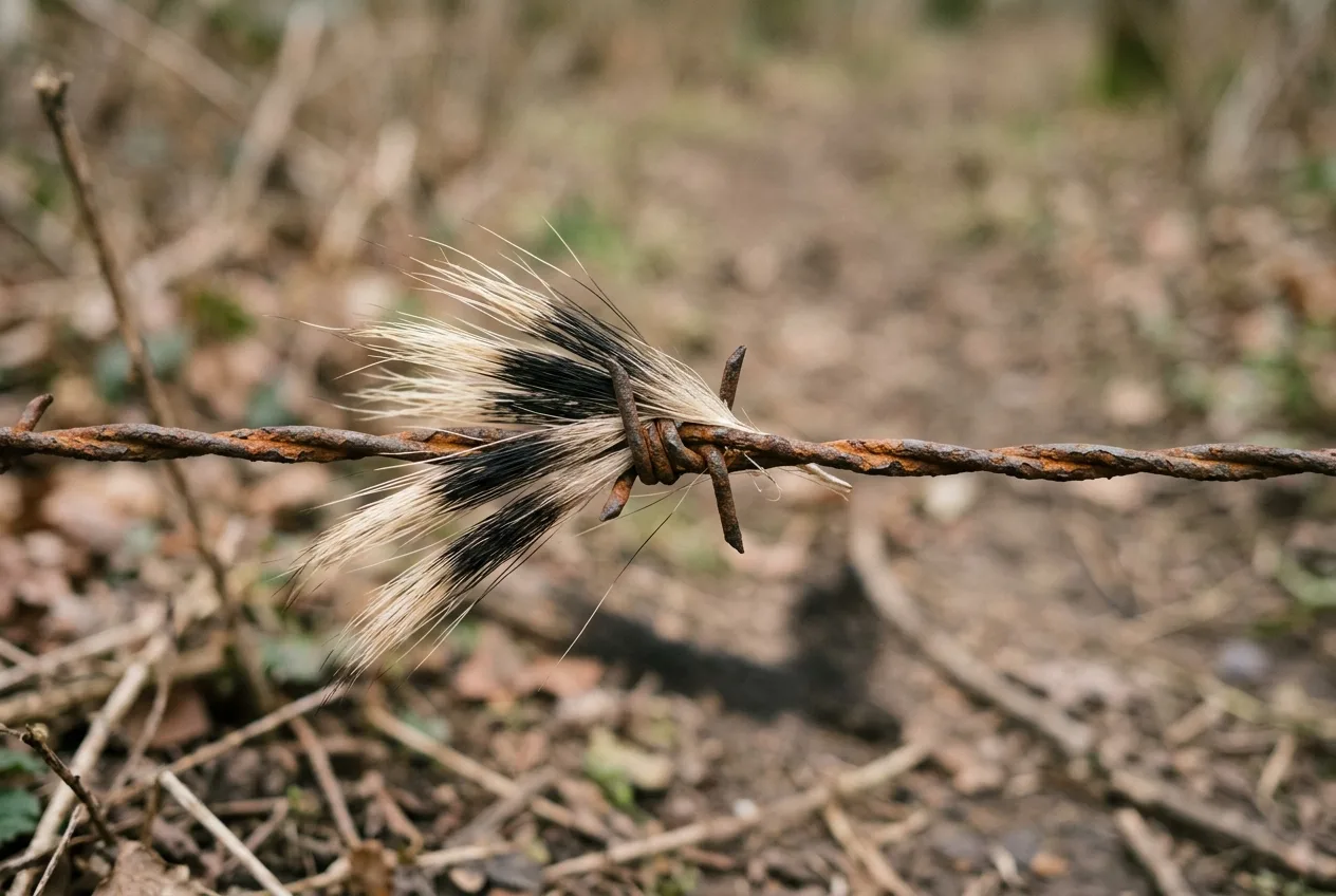 Primer plano de pelos de guarda de tejón, largos y bicolores, claros en la raíz y la punta y negros en el medio, prendidos en un alambre