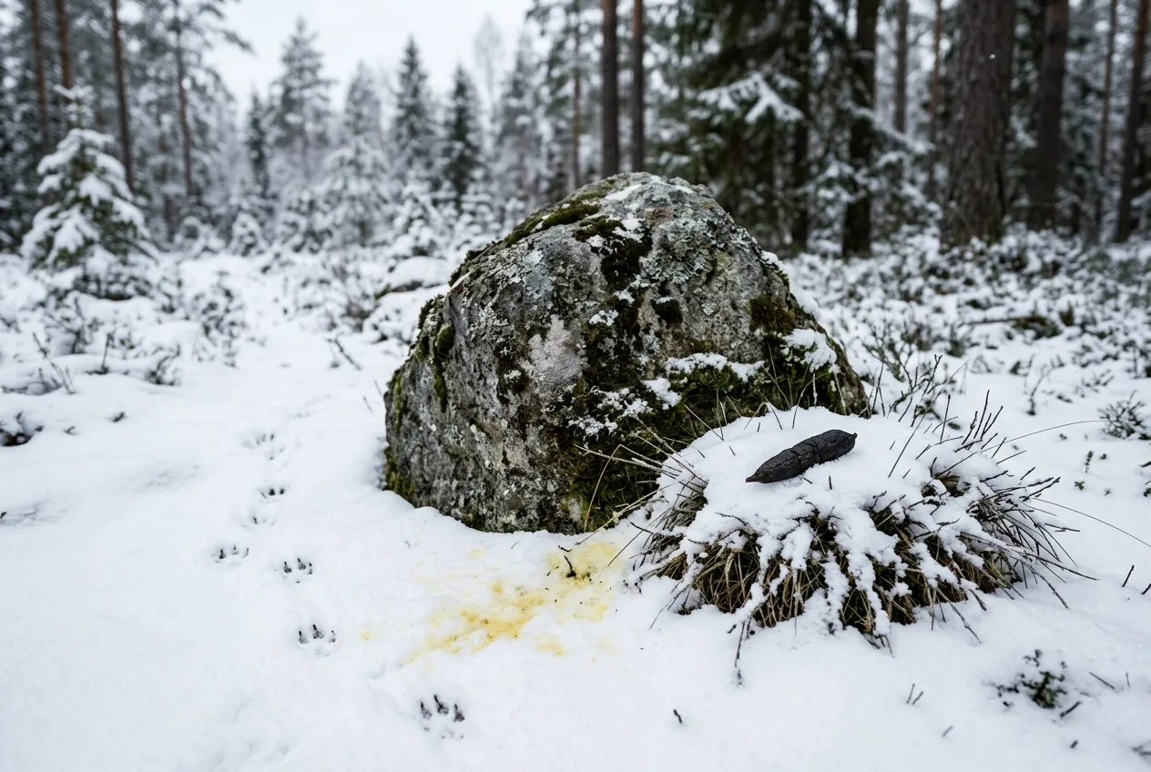 Un punto de marcaje territorial en la nieve: una roca manchada de amarillo por la orina del zorro, con un excremento colocado encima y huellas que conducen hasta él
