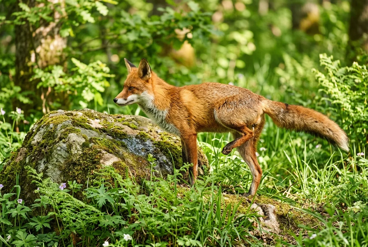 Un zorro levanta la pata y orina sobre una piedra cubierta de musgo en un claro del bosque en verano, marcando su territorio a plena luz del día