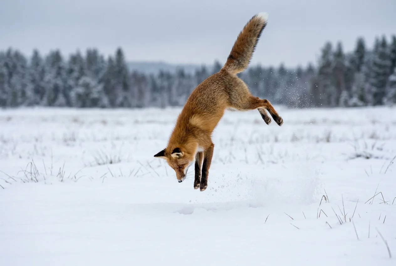 Un zorro salta en un arco alto sobre la nieve para clavar el morro y las patas delanteras sobre un roedor oculto bajo la superficie