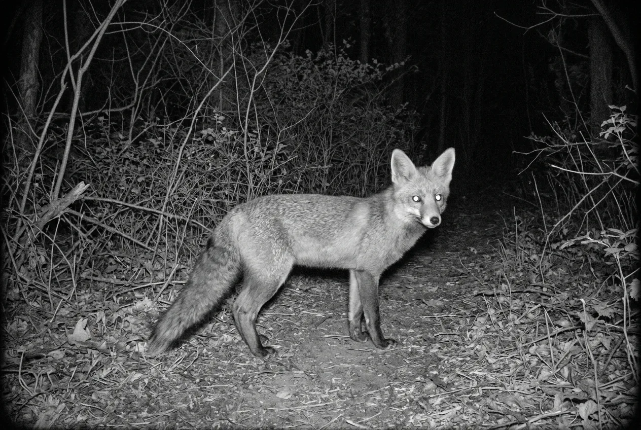 Fotografía nocturna en infrarrojos en blanco y negro de una cámara de fauna: un zorro de perfil sobre un sendero del bosque, con los ojos brillando