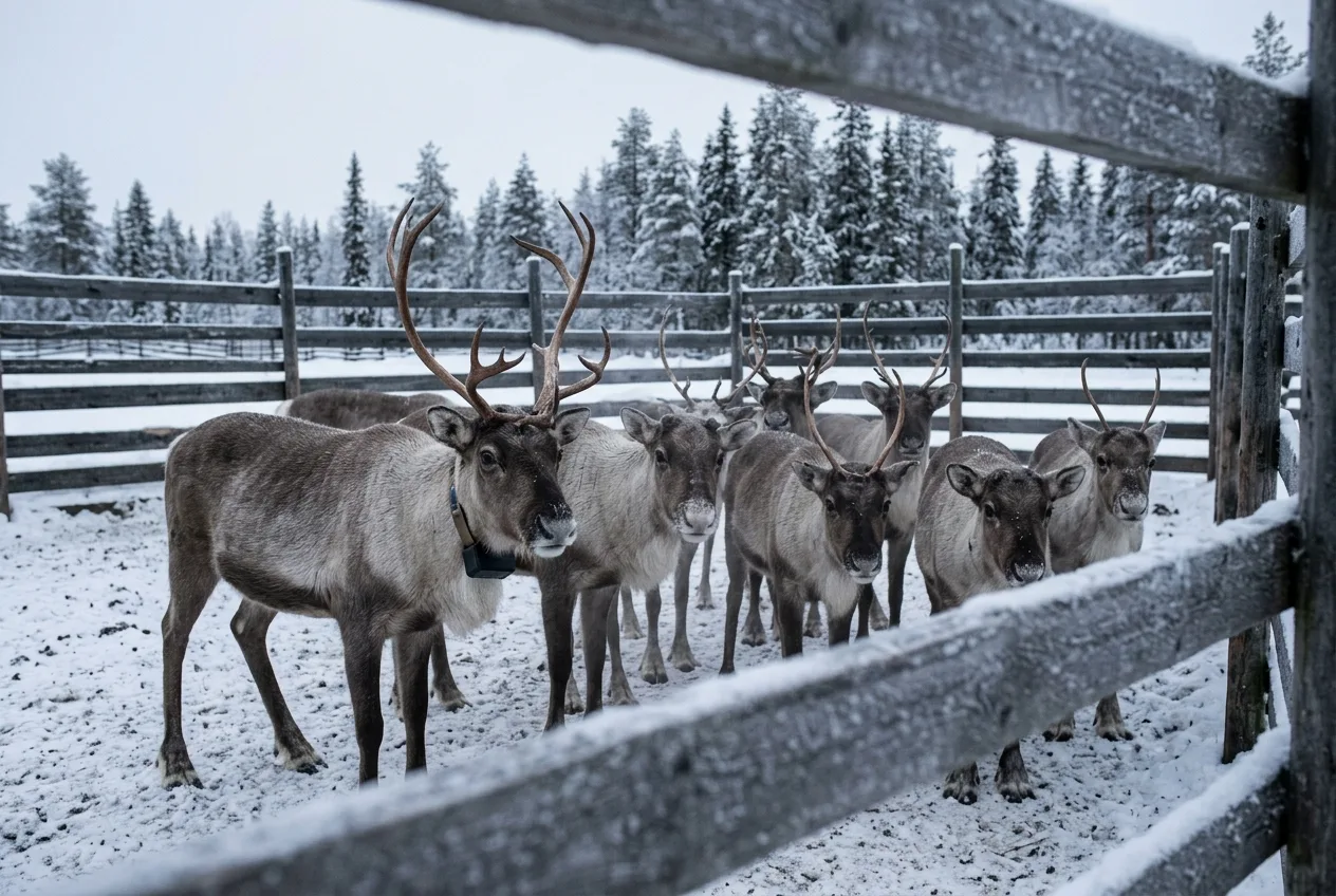 Poroja seisoo talvisessa erotusaidassa lumisella tunturilaitumella, yhdellä eläimellä kaulassa paikannuspanta.