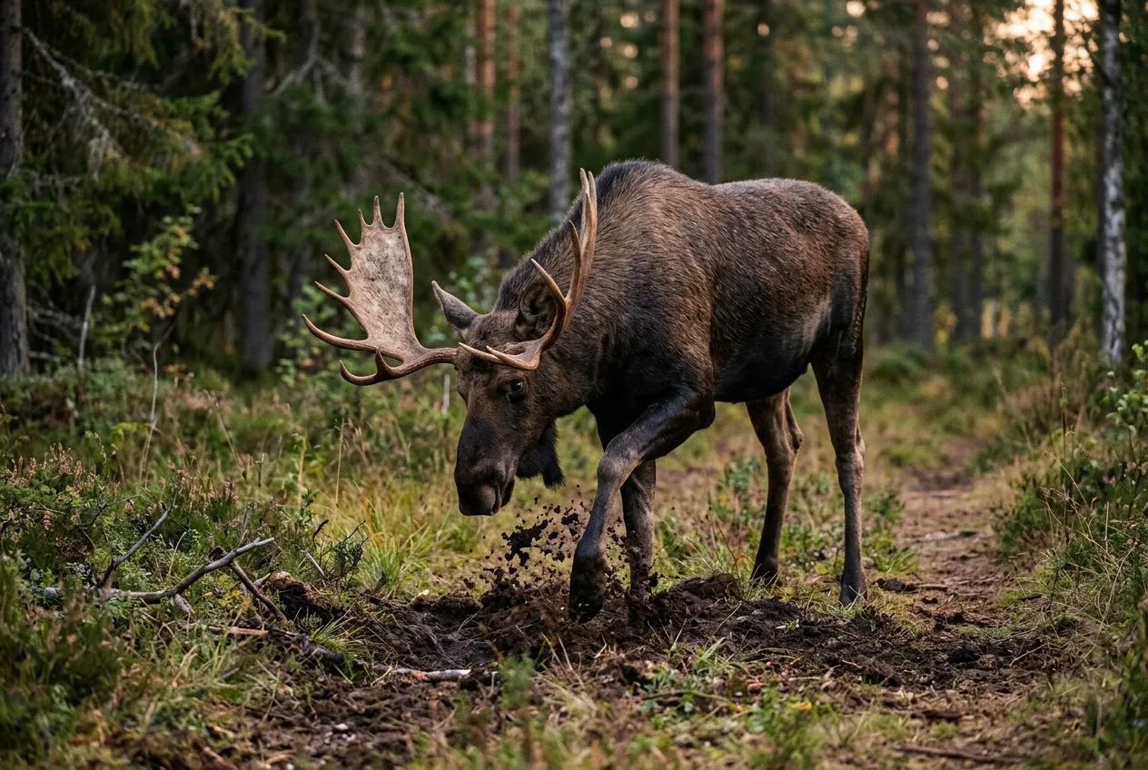 Hirvisonni kuopii etujalallaan matalaa kiimakuoppaa metsänpohjaan syysillan hämärässä.