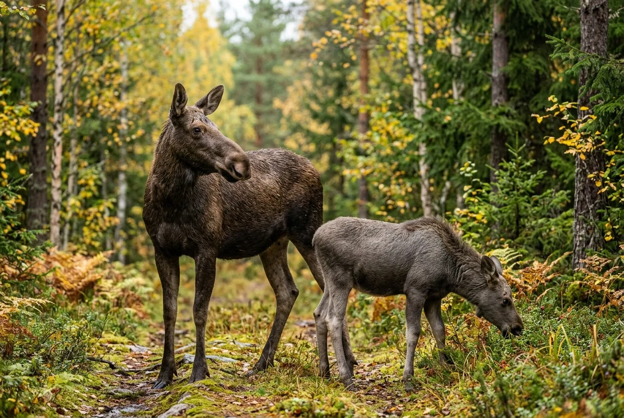 Hirvilehmä ja sen jo harmaaksi muuttunut vasa liikkuvat yhdessä syksyisessä metsässä kiima-aikaan.