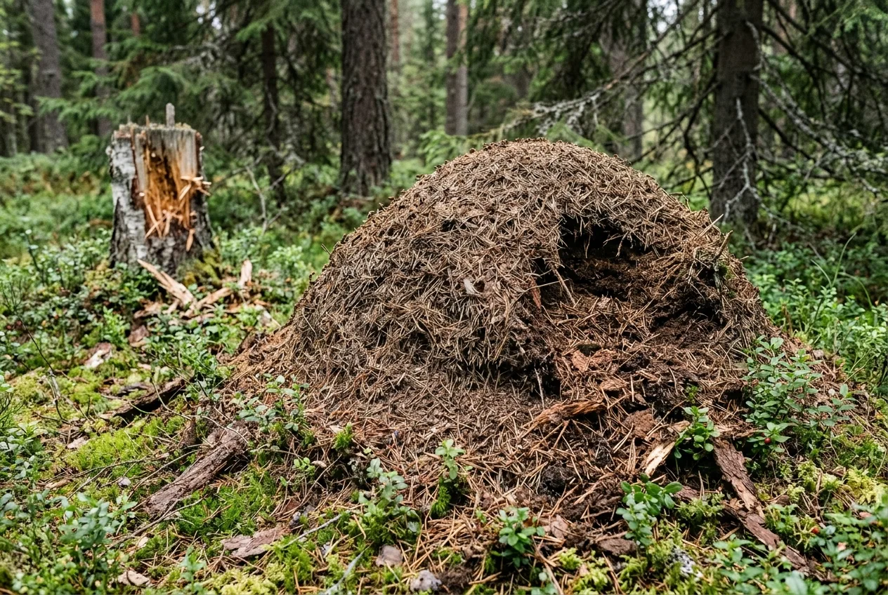 Karhun hajottama muurahaispesä metsän pohjalla, pesämateriaali sirotettuna ympäriinsä