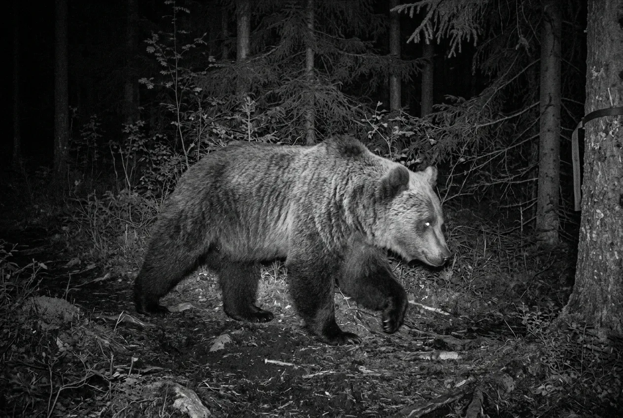Mustavalkoinen yökuva riistakamerasta: karhu kävelee metsäpolulla, silmät hohtavat