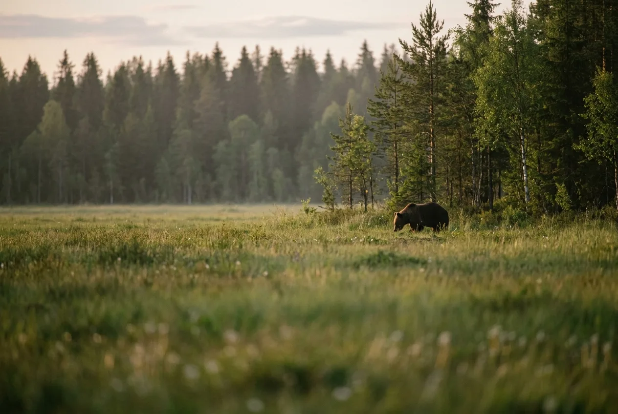 Karhu näkyy pienenä hahmona kaukana pellon reunassa, kuvattu pitkällä telelinssillä