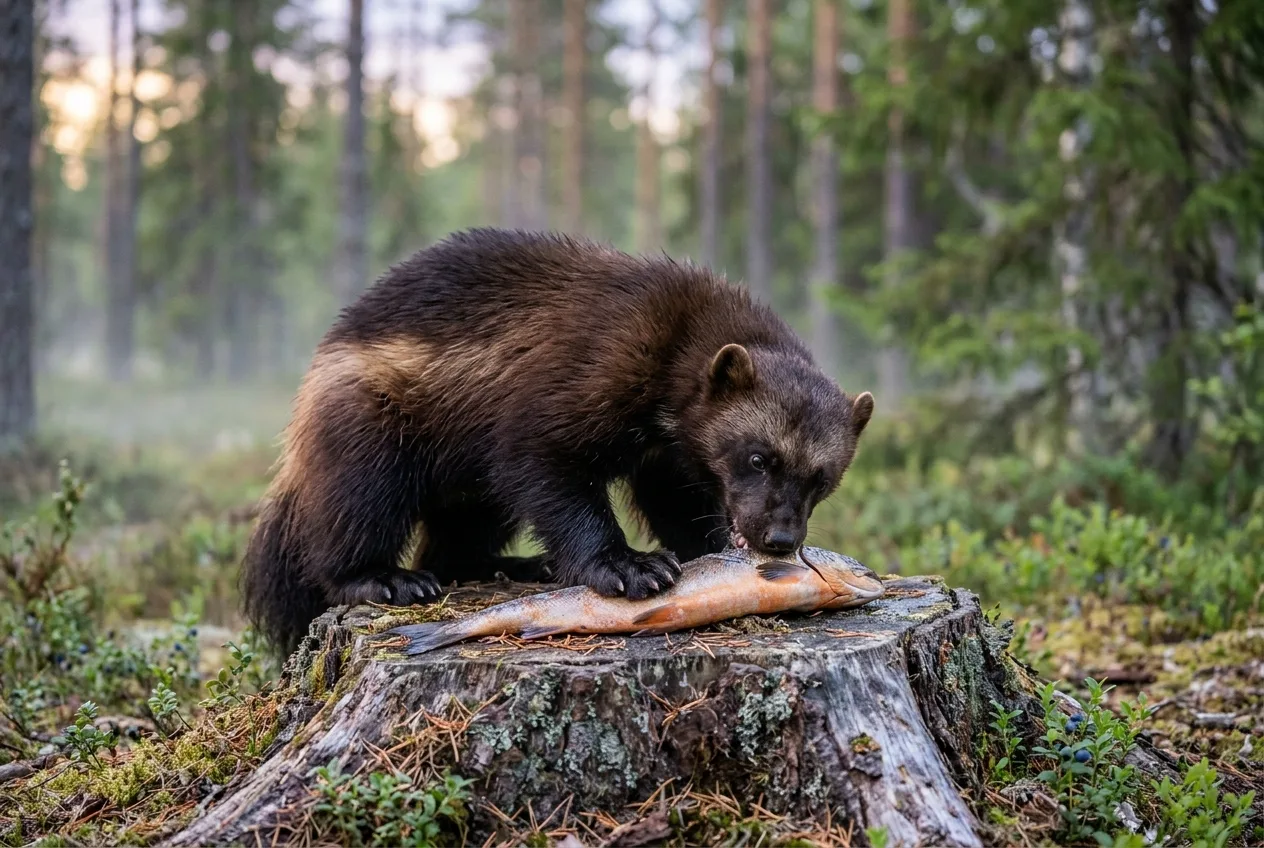 Ahma syö lohta vanhan kannon päällä havumetsän laidalla kesäyön valossa.