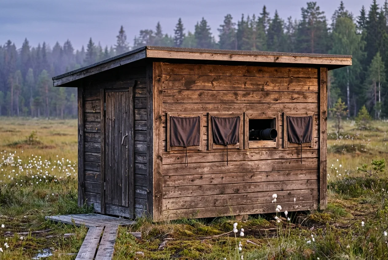 Pieni puinen kuvauskoju seisoo havumetsän laidalla suon reunassa, seinässä muutama narulla suljettava kuvausaukko.