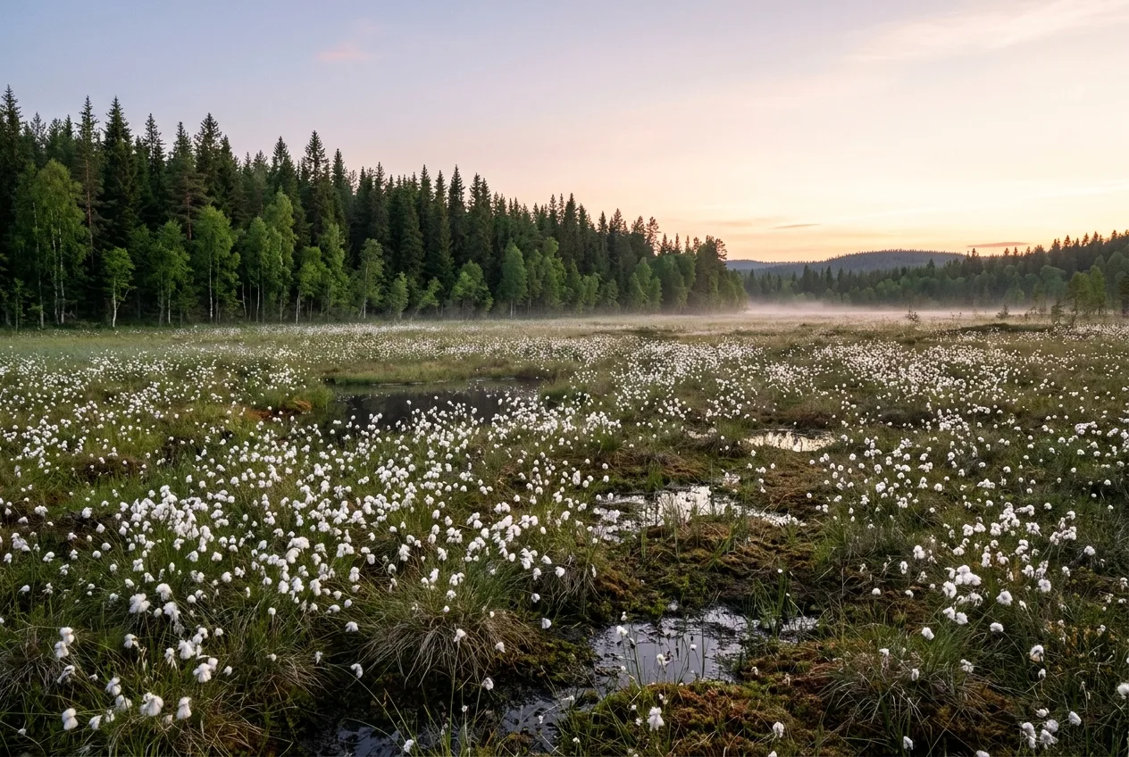 Avosuo kukkivine tupasvilloineen reunustaa Itä-Suomen kuusivaltaista havumetsää vaalean kesäyön valossa.