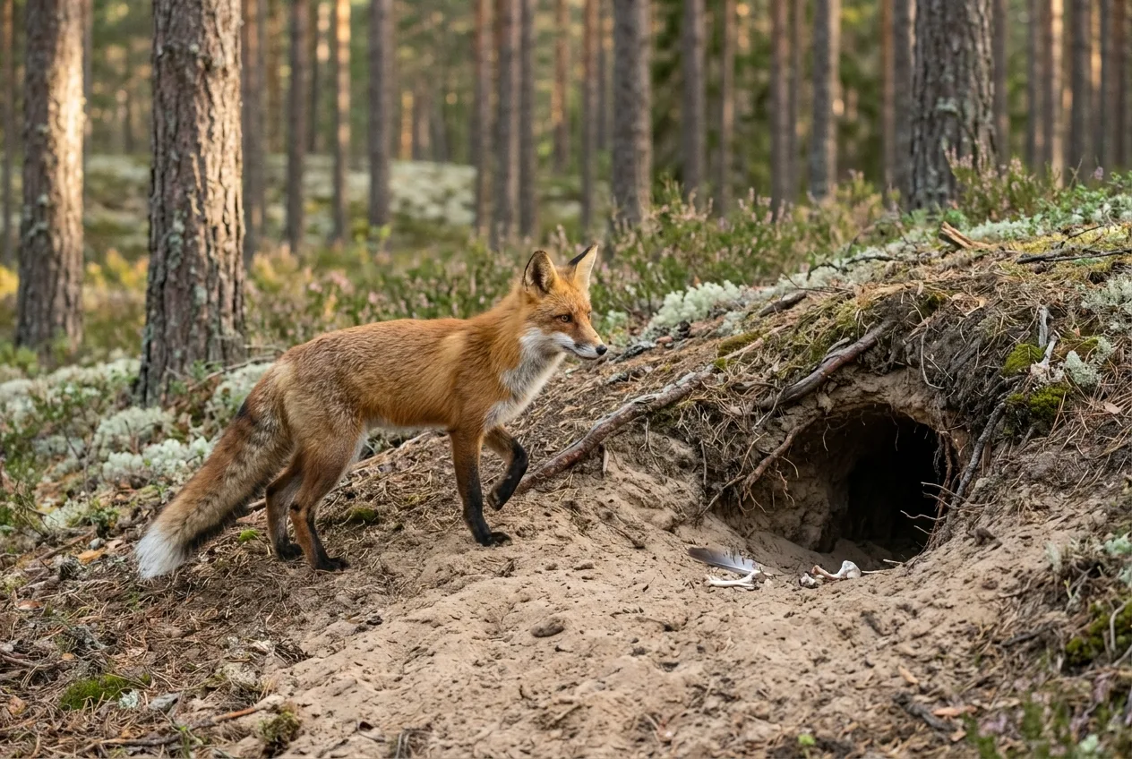 Kettu seisoo pesäkolonsa suulla hiekkaharjun rinteessä aamuvalossa, vieressä viuhkamainen kaivuumaakasa