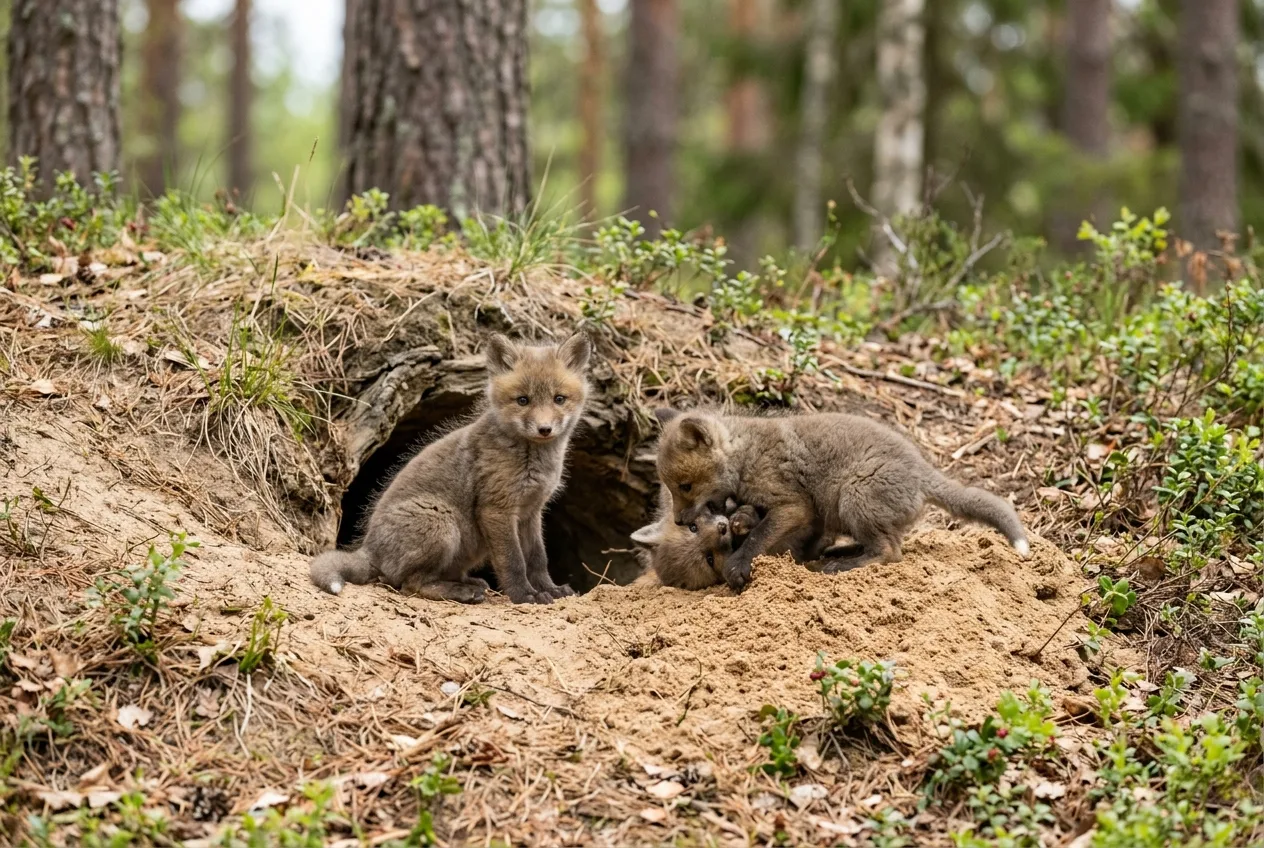 Kaksi ketunpentua pesäkolon suulla keskellä päivää ilman emoa näkyvissä