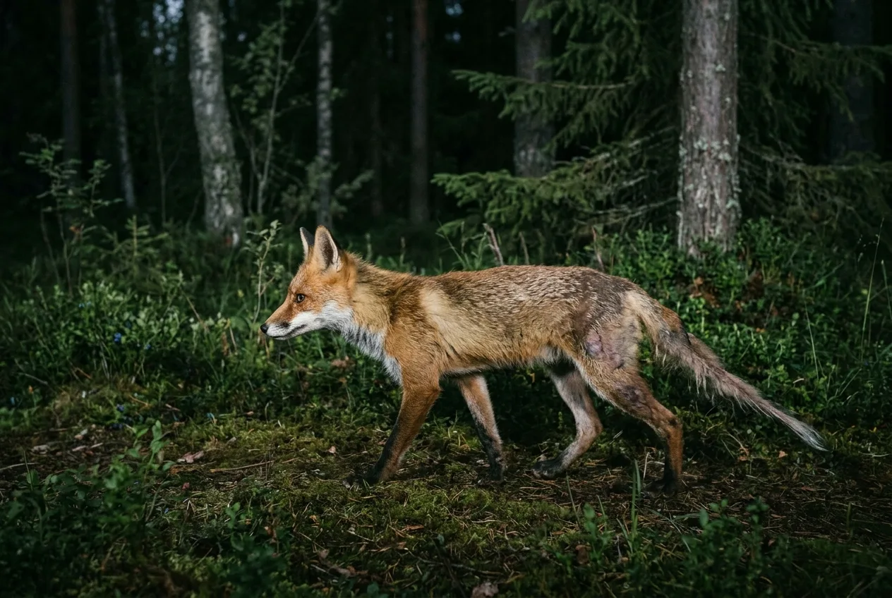 Kapinen kettu, jonka häntä on karvaton ja surkastunut kuin ruoto, kulkee yöllä riistakameran kuvassa