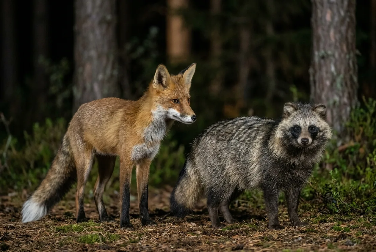 Yövertailu: hoikka valkokärkihäntäinen kettu ja tanakka, tummanaamioinen supikoira rinnakkain