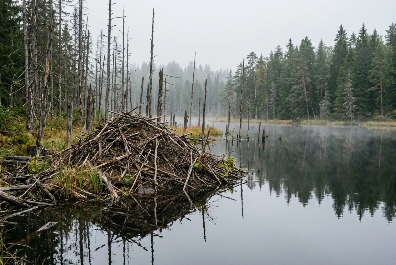 Majavan kekopesä lammen rannalla, taustalla veden alle jääneitä kuolleita puita sumuisessa aamuvalossa.
