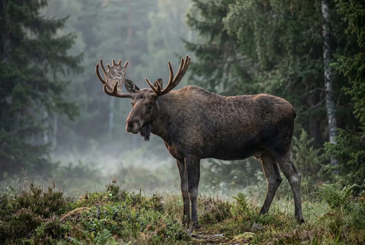 Hirvisonni seisoo sumuisella metsäaukiolla aamunkoitteessa