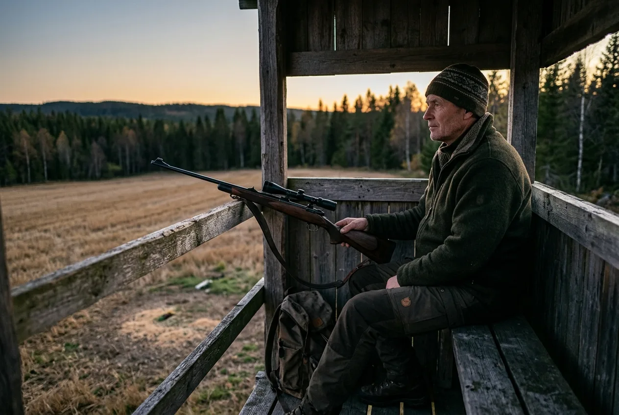 Metsästäjä istuu riistatornissa metsän reunalla ja tarkkailee peltoaukeaa hämärässä