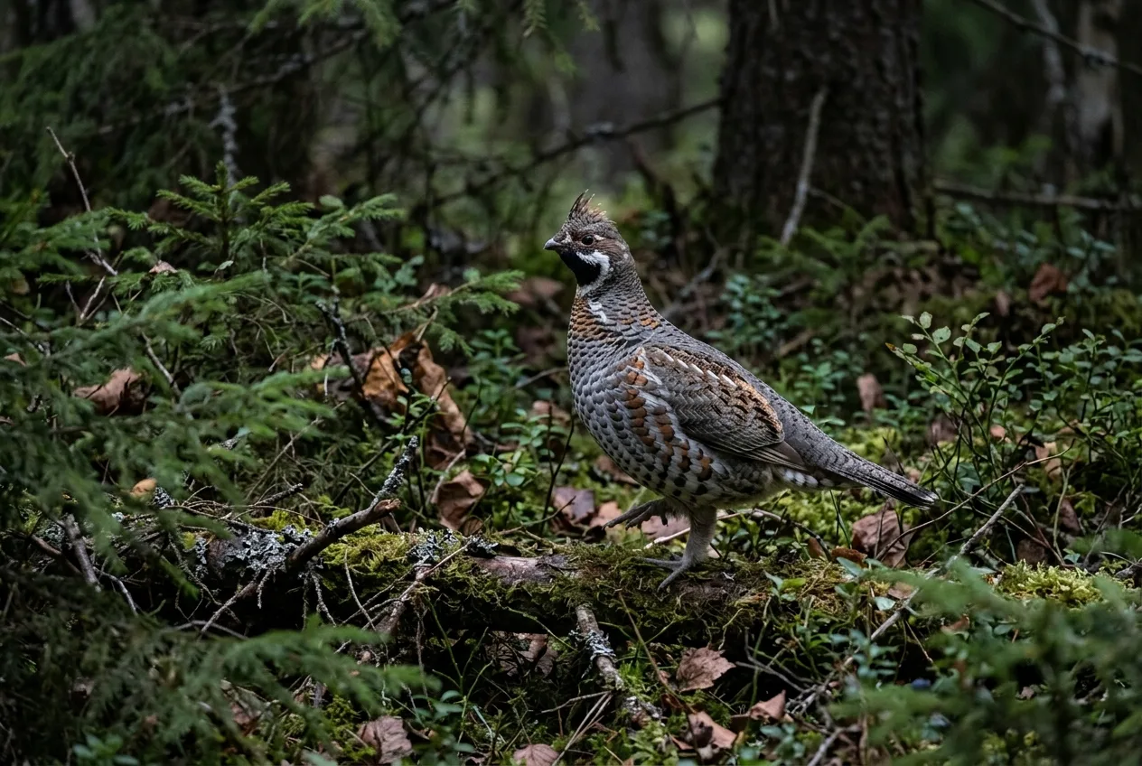 Pyykukko seisoo sammaleisella kannolla tiheässä kuusikossa, töyhtö pystyssä ja musta kurkkulaikku näkyvissä.