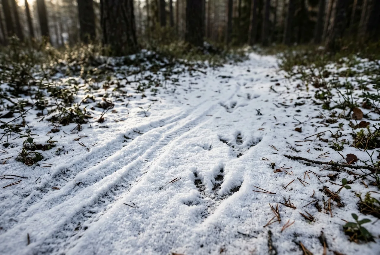 Metson jäljet ja siivenvetojäljet erottuvat tuoreessa lumessa männikön pohjalla.