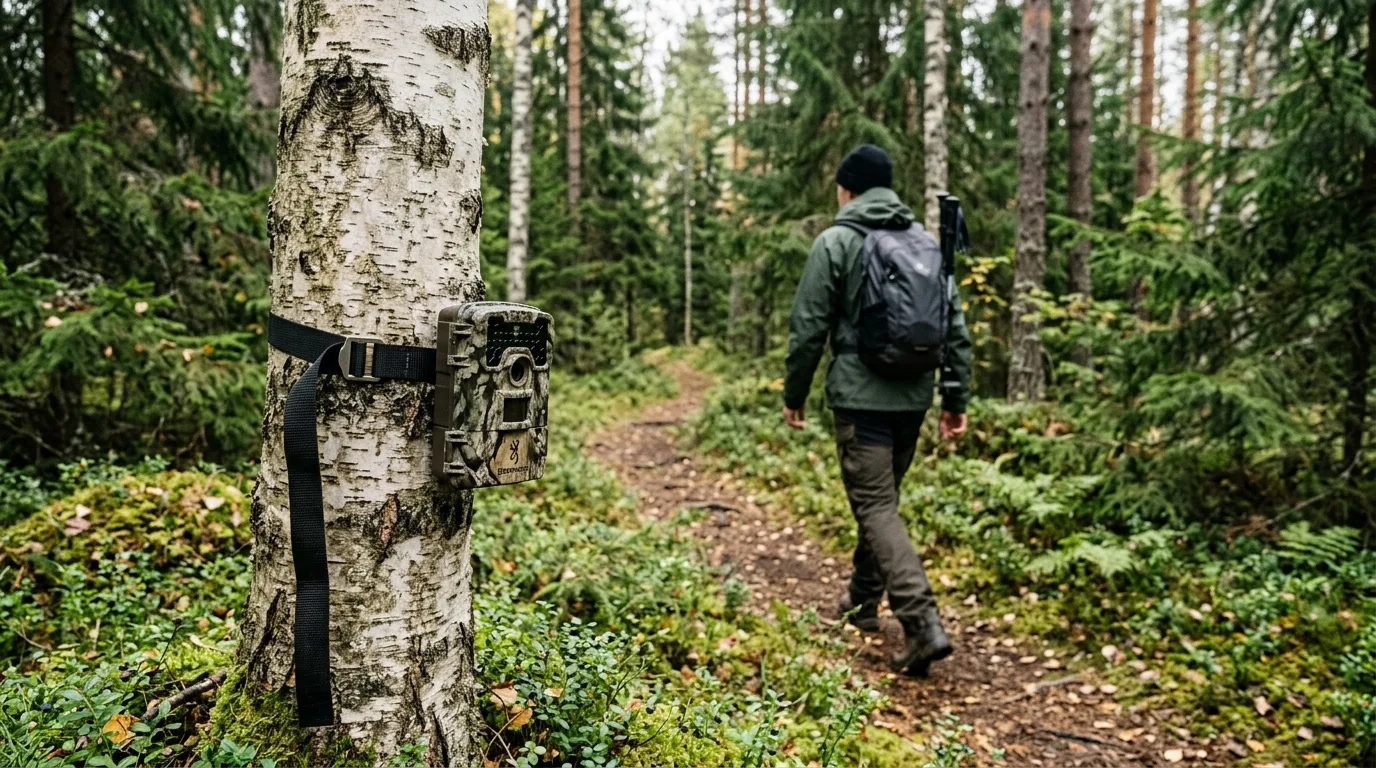 Riistakamera puunrungossa metsäpolun varrella kuvaa ohikulkijaa selästä niin ettei kasvoja voi tunnistaa