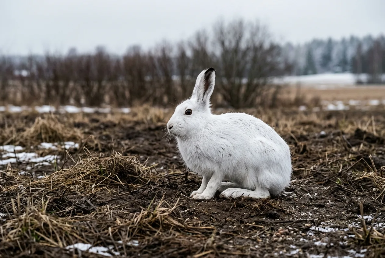 Lumivalkoinen metsäjänis erottuu räikeästi lumettomalta, tummalta maalta leudon alkutalven päivänä