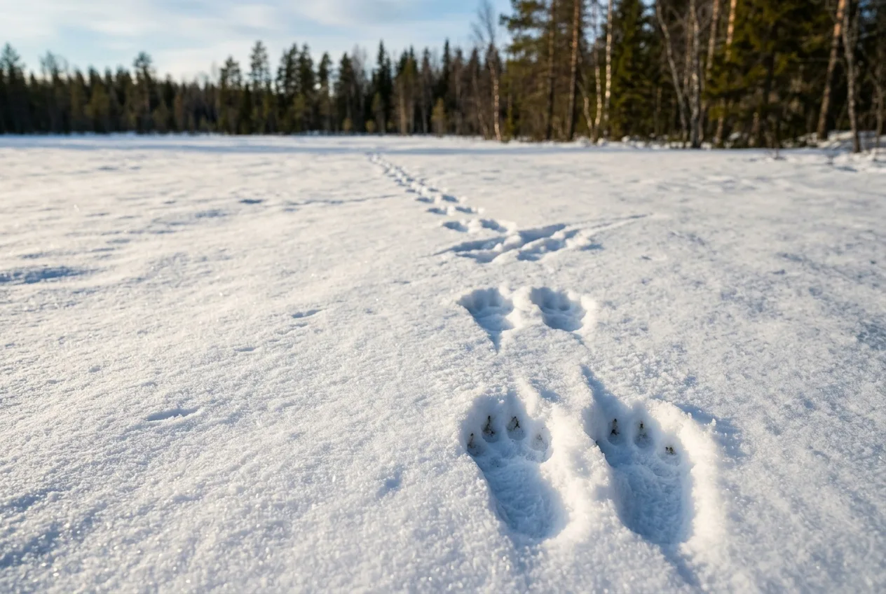 Jäniksen jäljet tuoreessa lumessa: kaksi isoa jälkeä rinnakkain ja niiden takana kaksi pienempää, jälkiketju kulkee kohti metsänreunaa