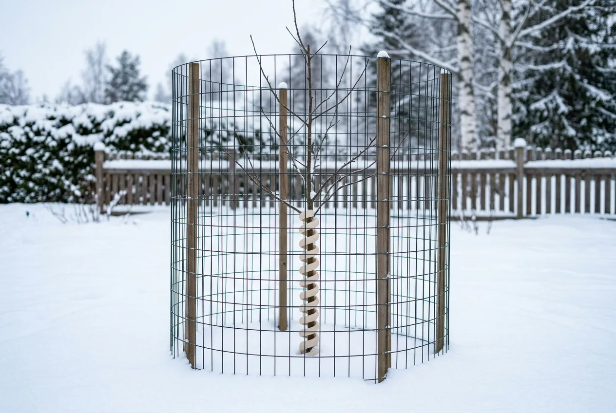 Nuori omenapuu on suojattu talveksi rungon ympärille kierretyllä muovisuojalla ja lumirajan yläpuolelle ulottuvalla verkkoaidalla