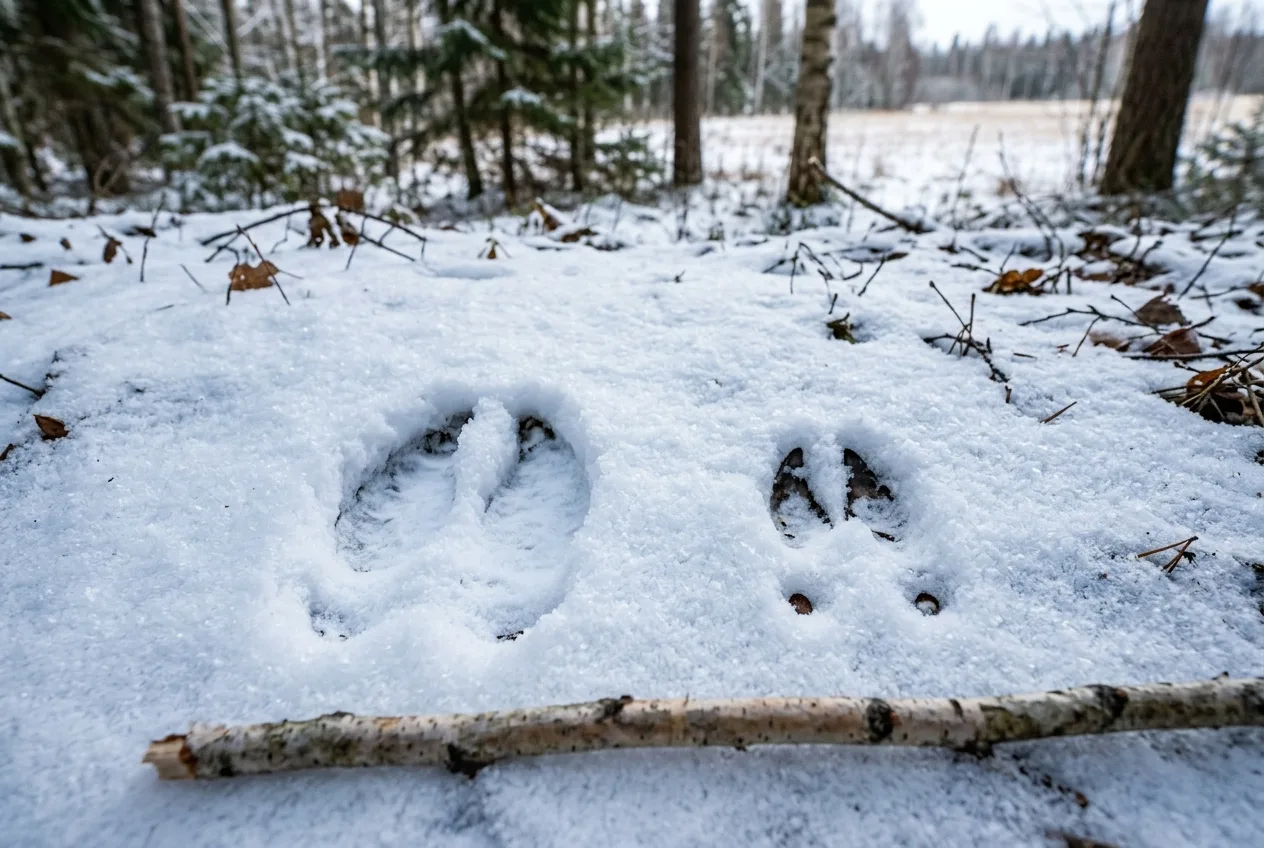 Valkohäntäpeuran leveä sorkanjälki lumessa vierekkäin metsäkauriin pienemmän, loikassa V-muotoon levinneen jäljen kanssa