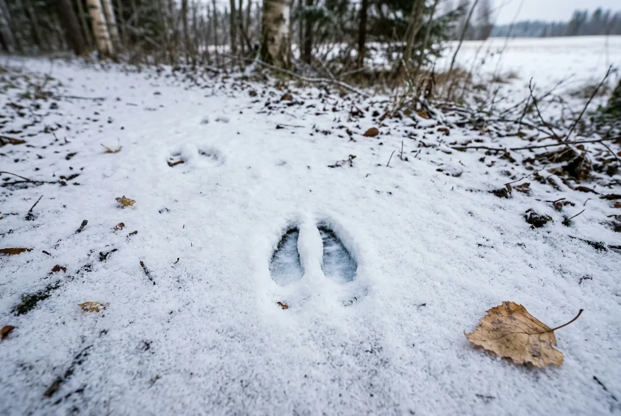 Kuusipeuran kapea, suorareunainen sorkanjälki ohuessa lumessa