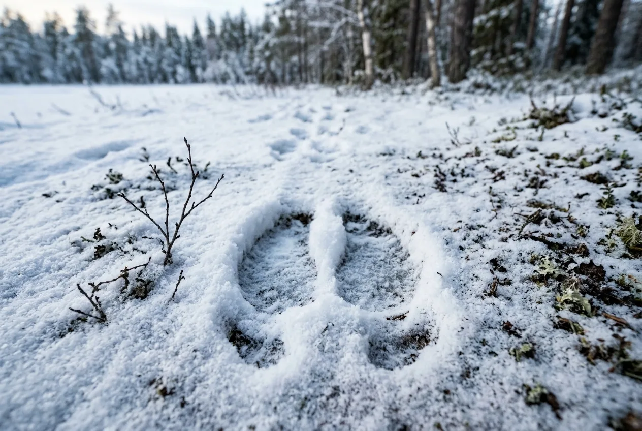 Poron pyöreä sorkanjälki lumessa, kaksi munuaismaista puolikasta ja matalat lisäsorkat lähellä sorkkaa