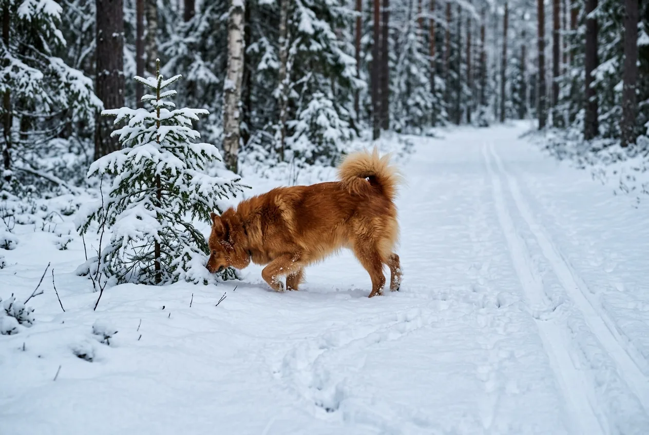 Koiran poukkoileva jälkijono kaartelee lumessa puun tyvelle nuuskimaan