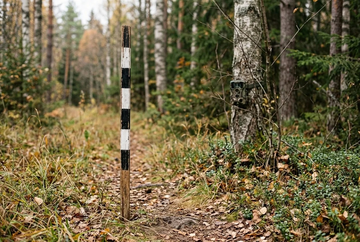 Mittakeppi pystytettynä peuran kulkureitin varteen riistakameran eteen iän arvioimiseksi kuvasta