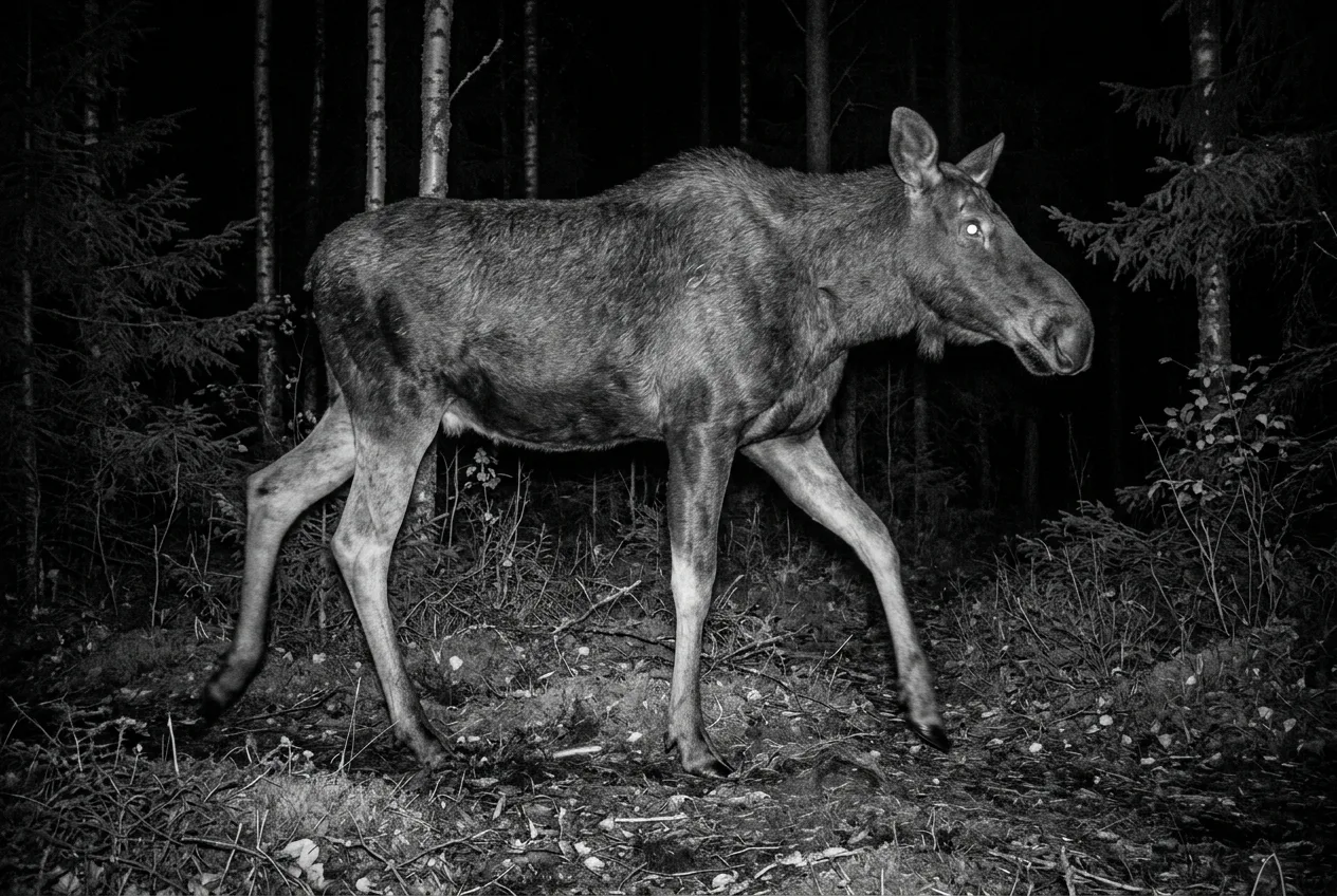 Infrapunainen yökuva riistakamerasta: hirvi kävelee metsäaukiolla, silmät hohtavat korkealla maasta