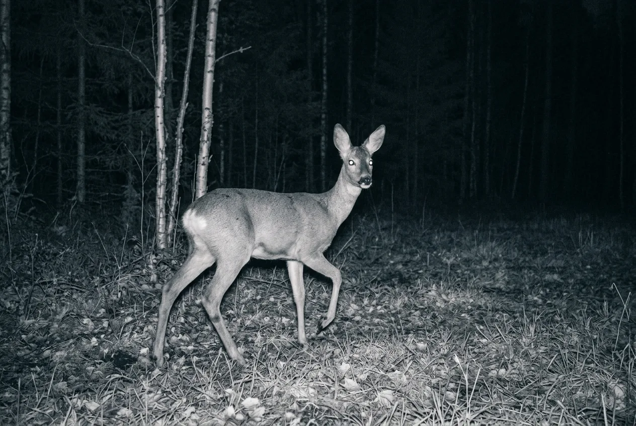 Mustavalkoinen yökuva riistakamerasta: pieni metsäkauris seisoo valppaana aukion laidalla, häntä lähes näkymätön