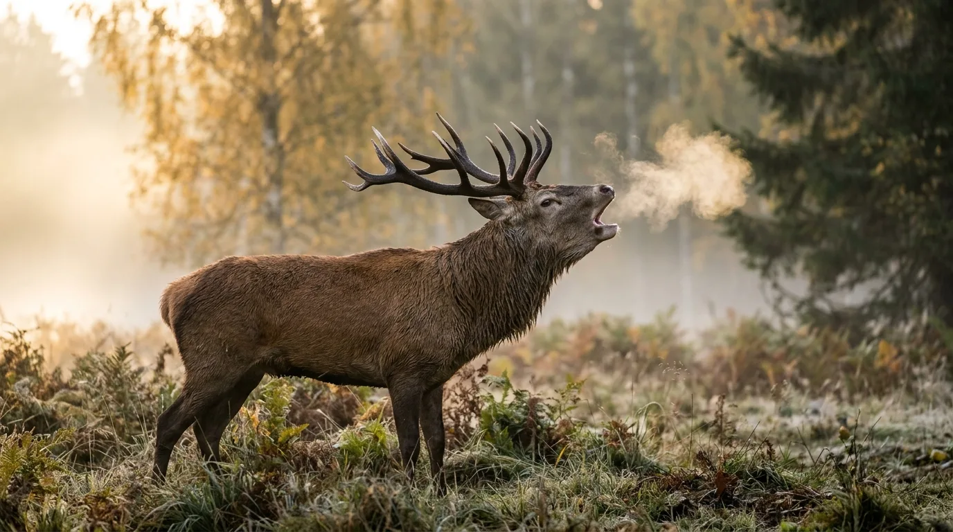 Un cerf élaphe brame, tête rejetée en arrière, dans la brume d'une clairière forestière à l'aube