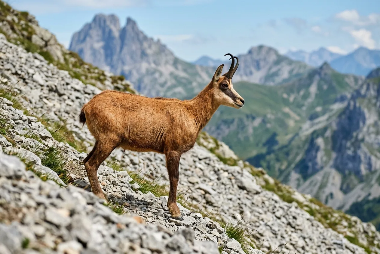 Un isard des Pyrénées à la robe estivale rousse se tient sur un éboulis, cornes fines en crochet et masque facial sombre bien visibles