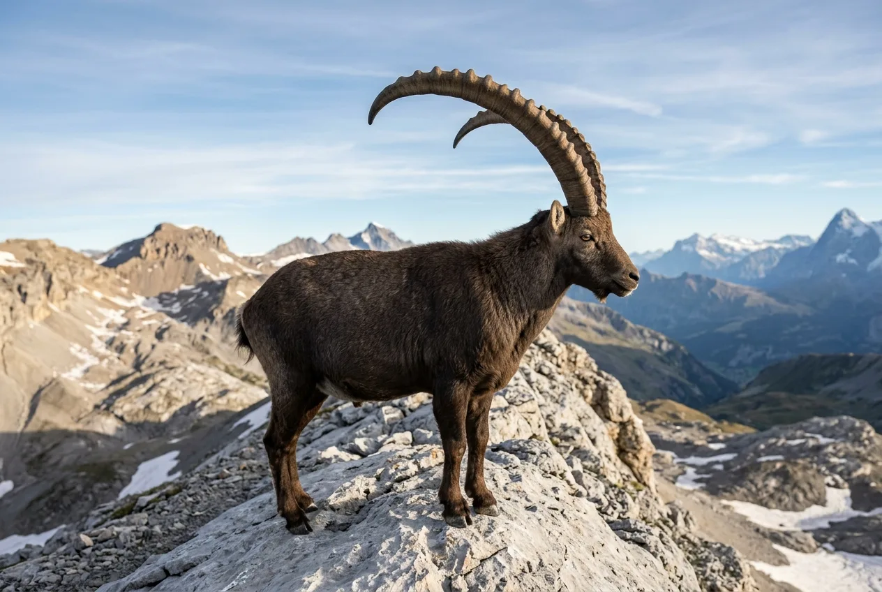 Un bouquetin des Alpes adulte aux longues cornes arquées ornées de nodosités se tient sur une crête rocheuse au-dessus de la limite des arbres