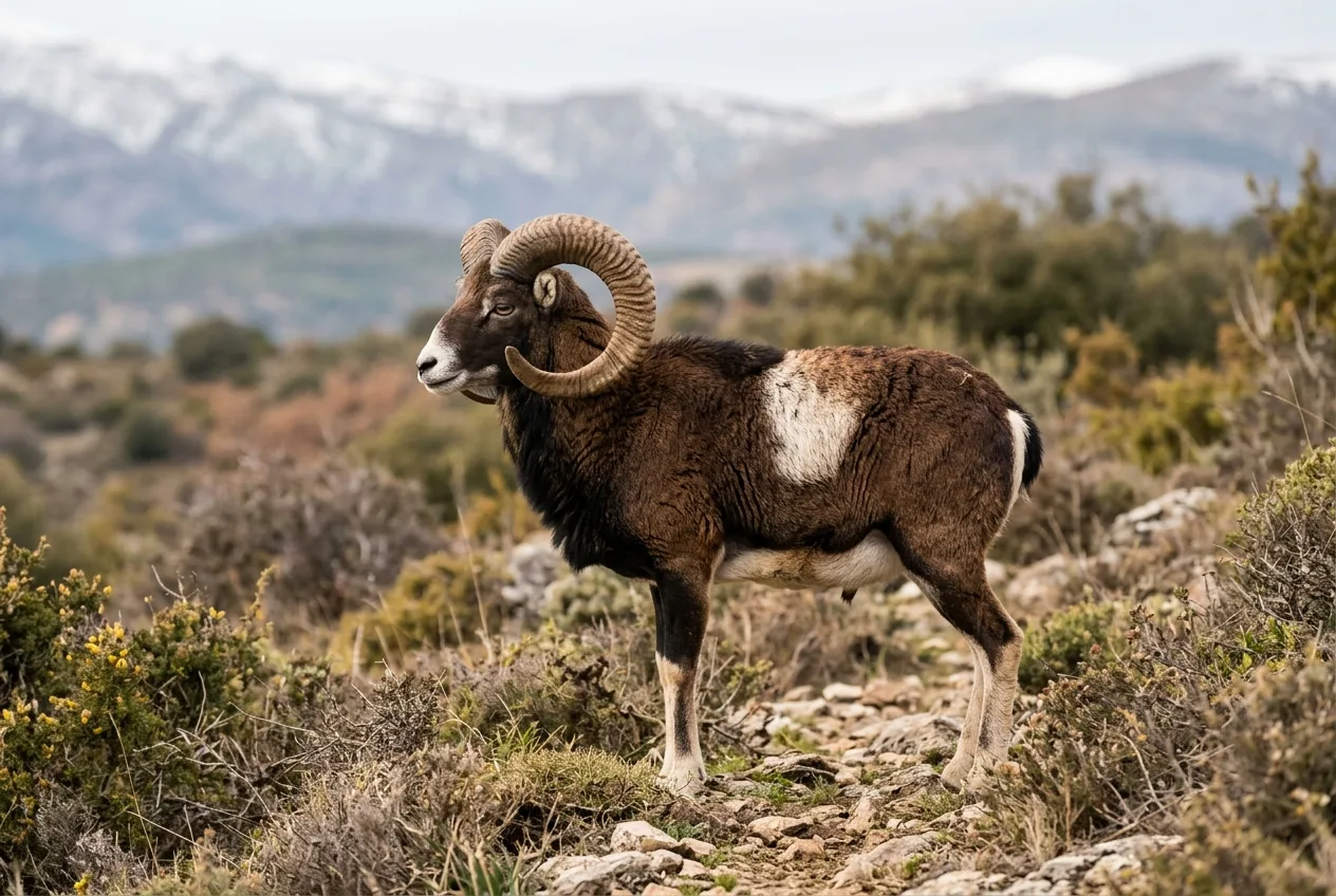 Un mouflon mâle aux cornes enroulées en spirale et à la selle blanche caractéristique se tient sur une pente herbeuse douce