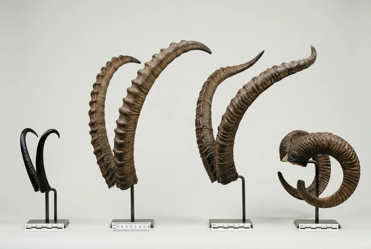 Planche comparative des cornes : crochet fin du chamois, arc noueux du bouquetin des Alpes, lyre torsadée du bouquetin ibérique et spirale du mouflon